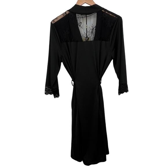 Jane Lamerton black satin lace trim belted midi robe size small NEW - Picture 3 of 12